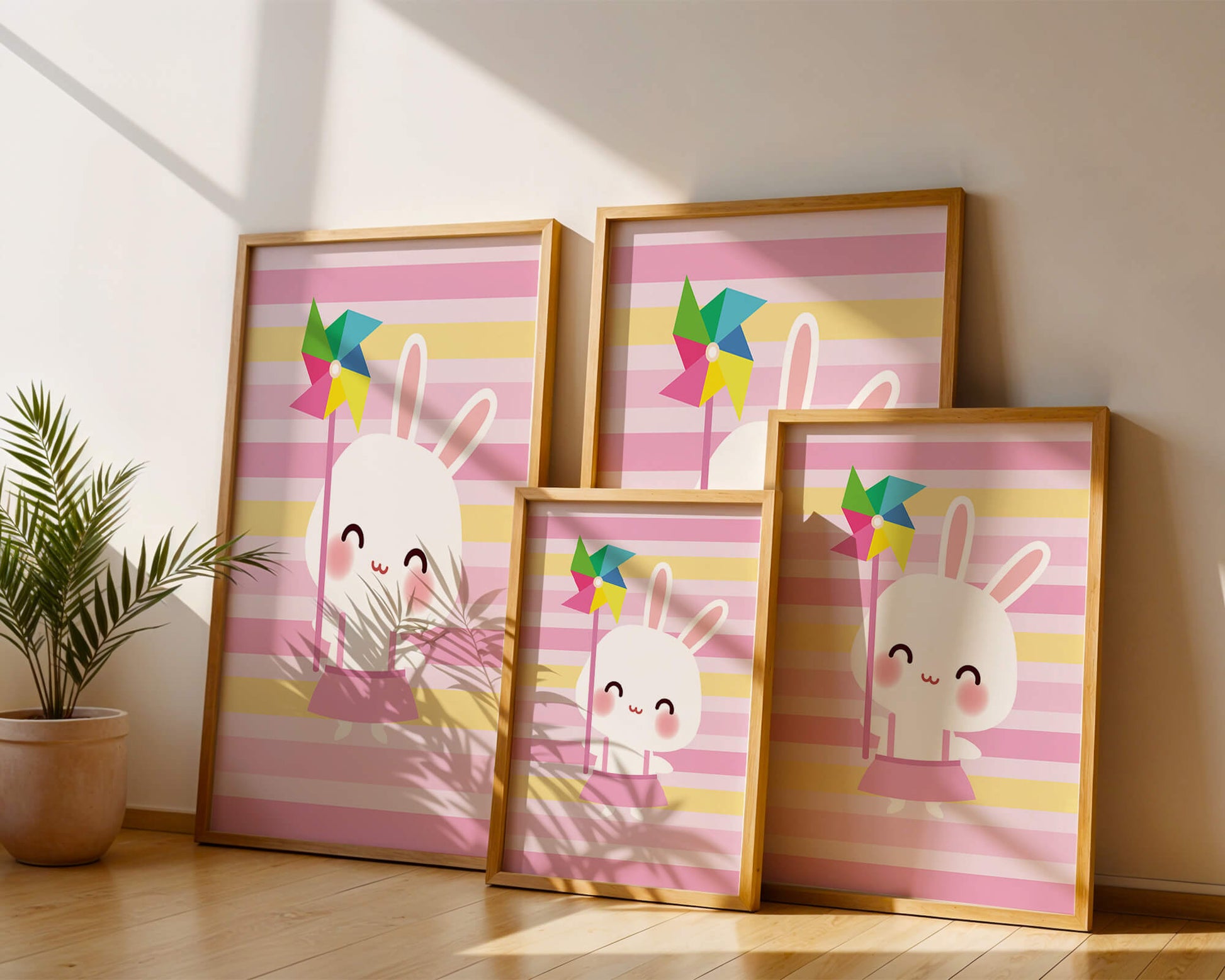 Adorable bunny with pinwheel on pastel striped backdrop