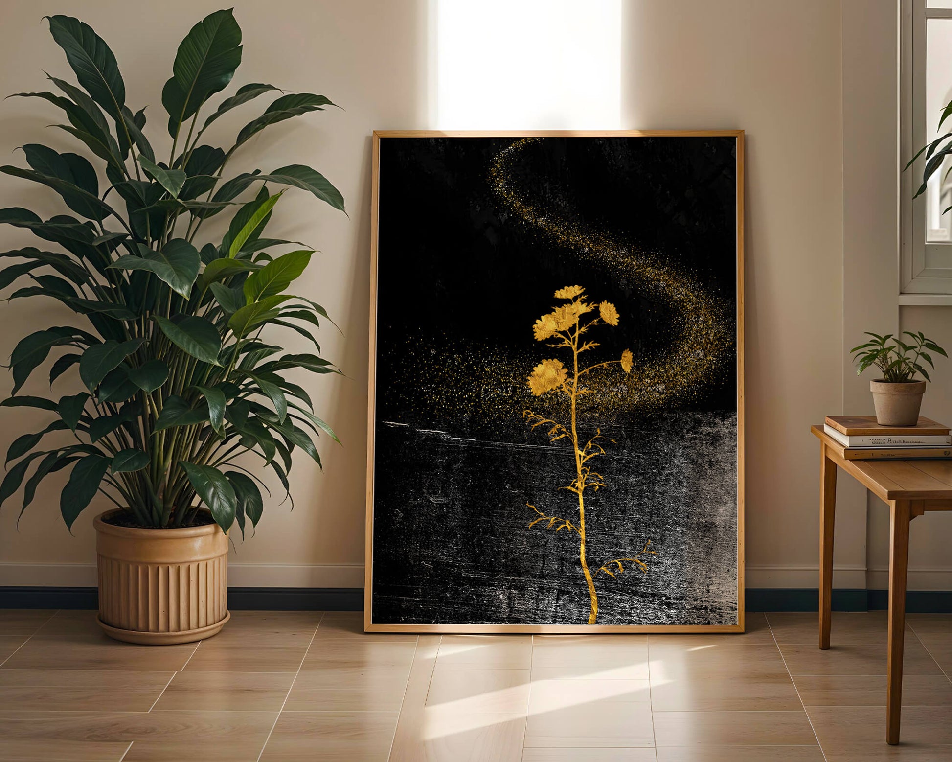 Golden Flowers on Black Background with Sparkling Dust