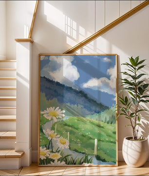 Meadow with Daisies Under Bright Blue Sky
