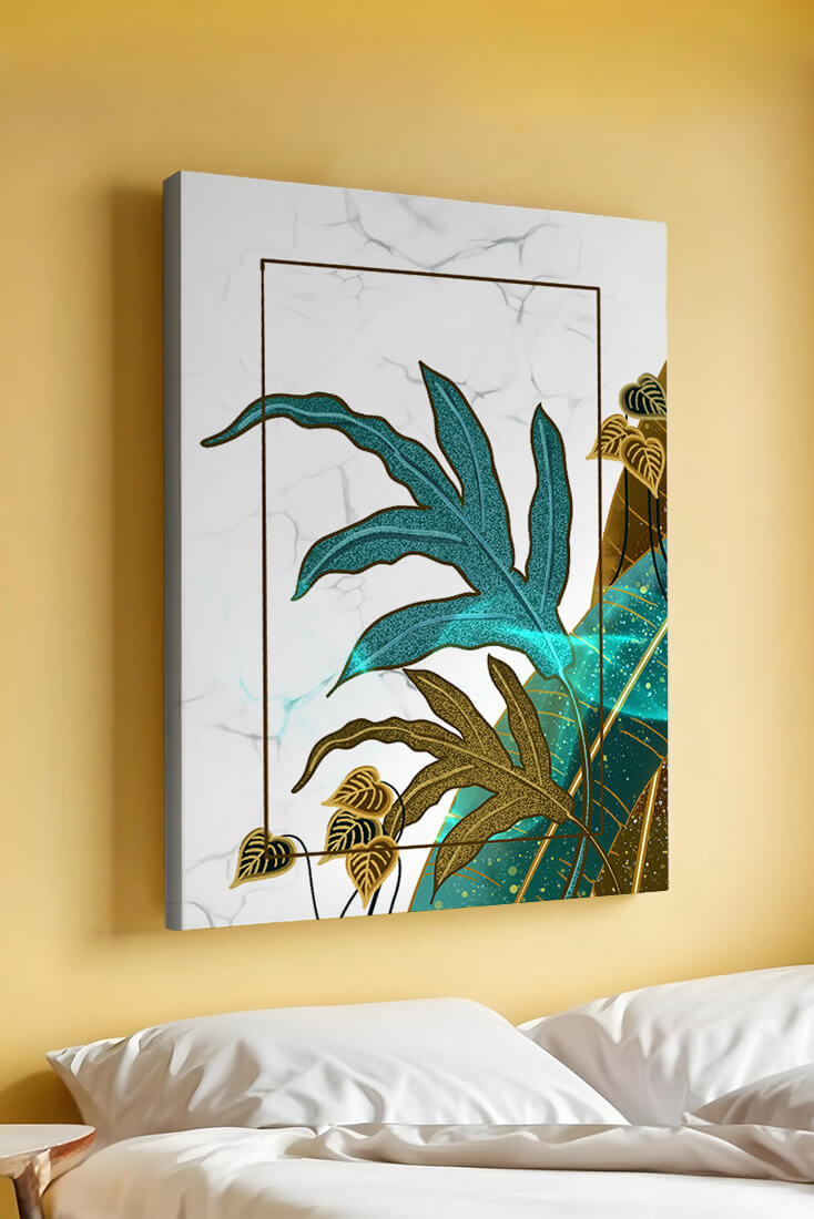 Abstract botanical art with blue and gold leafy designs