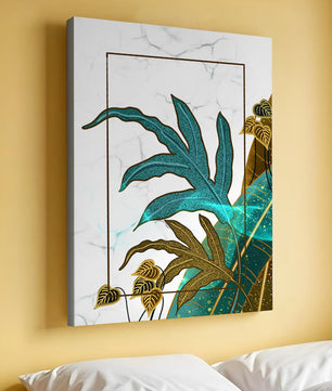 Abstrakte botanische Kunst mit blauen und goldenen Blattmustern