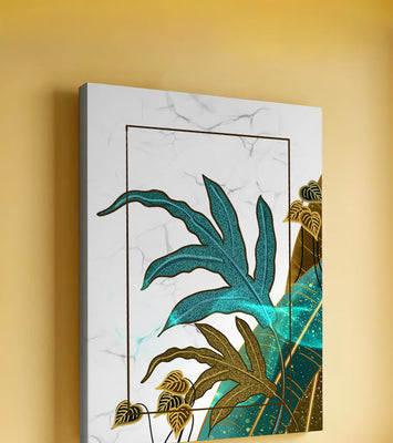 Abstract botanical art with blue and gold leafy designs