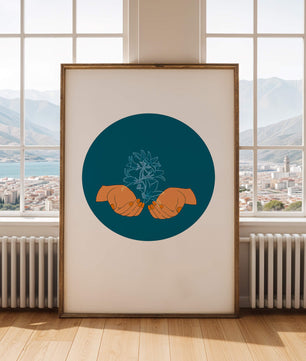 Illustration of Hands Holding a Plant with Teal Background