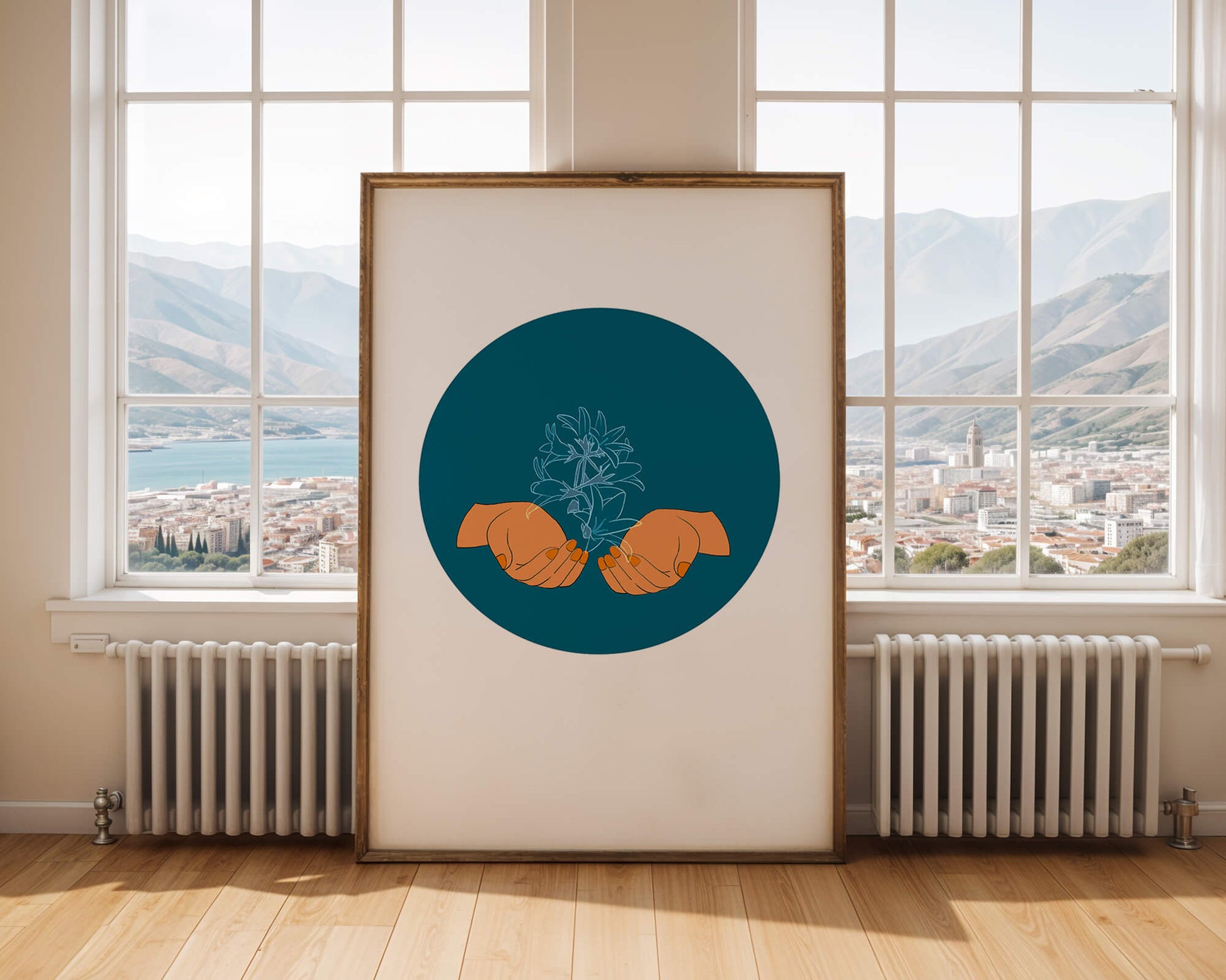 Illustration of Hands Holding a Plant with Teal Background