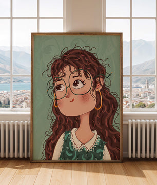 Illustration of a Thoughtful Girl with Glasses and Curly Hair