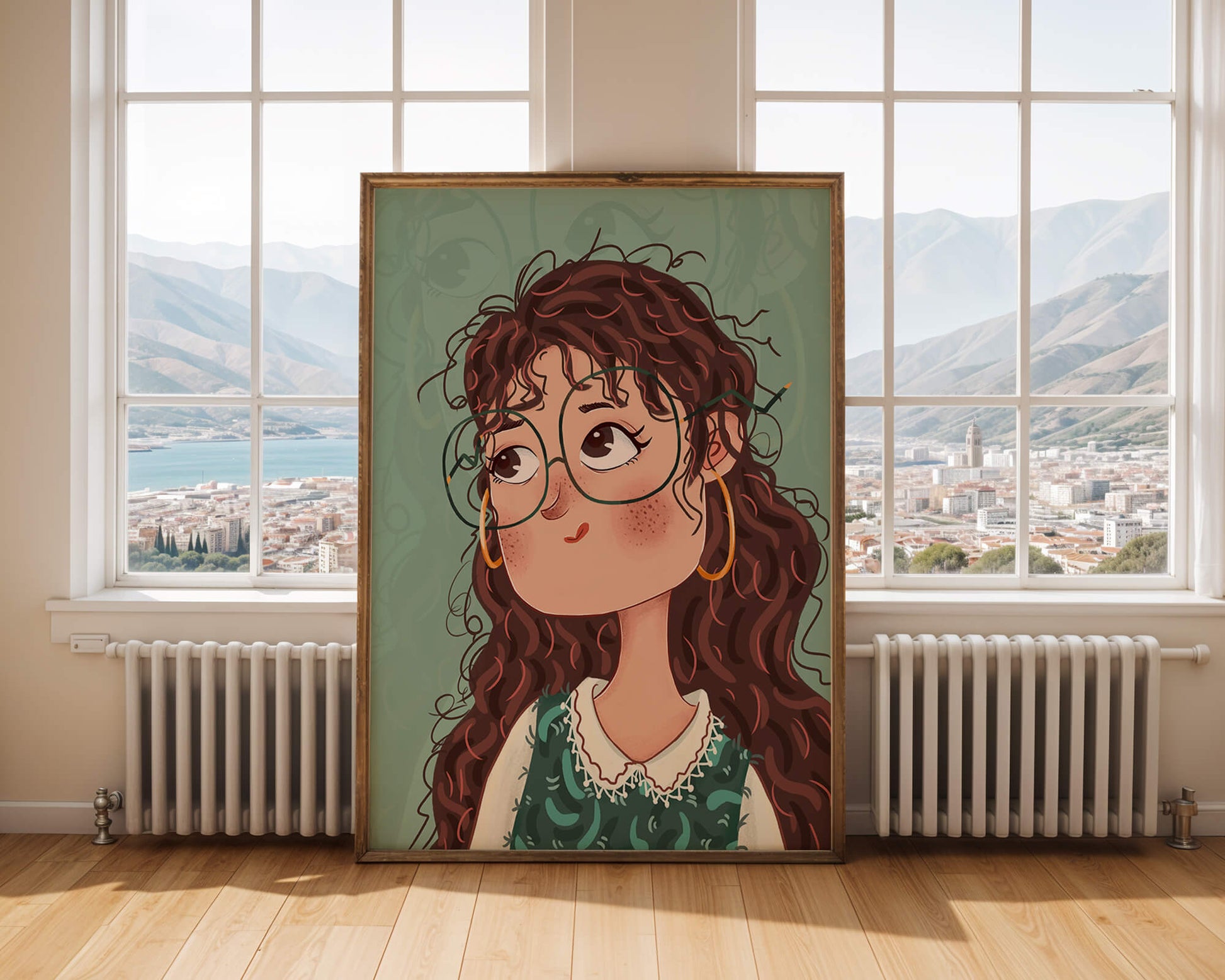 Ilustración de una chica pensativa con gafas y pelo rizado