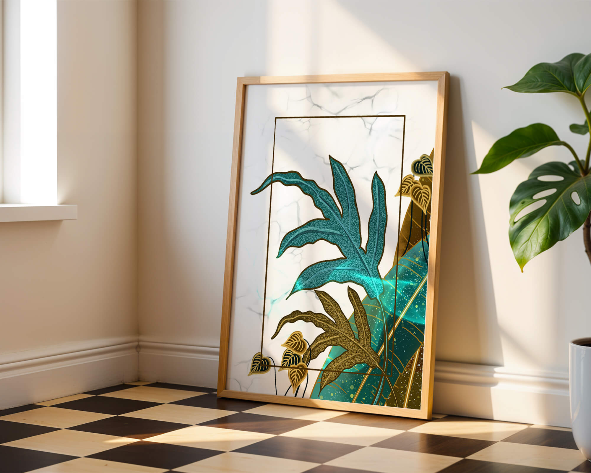 Abstract botanical art with blue and gold leafy designs