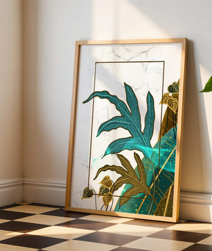 Abstrakte botanische Kunst mit blauen und goldenen Blattmustern