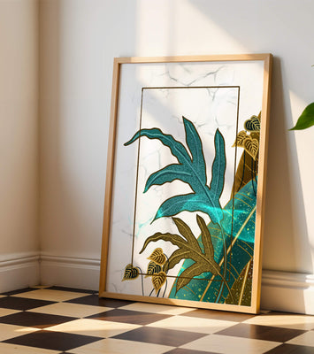 Abstract botanical art with blue and gold leafy designs