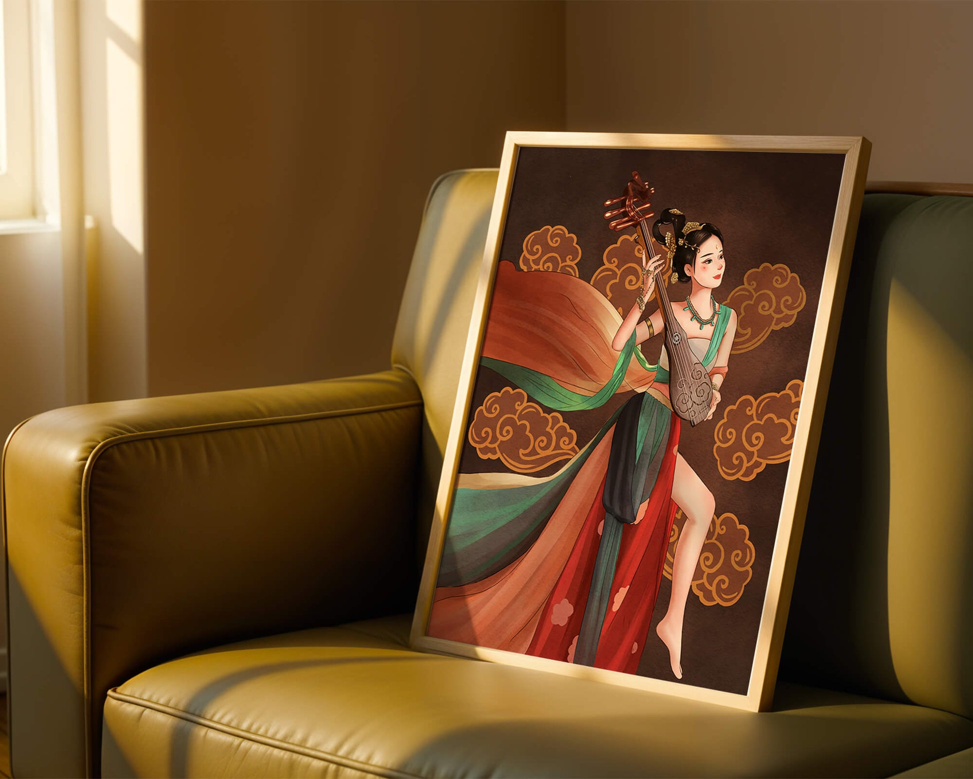 Elegant depiction of a woman playing a traditional string instrument with flowing garments and ornate background