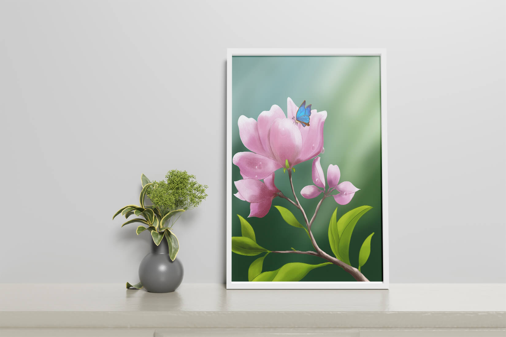 Delicate pink flower with a vibrant blue butterfly in a serene garden setting