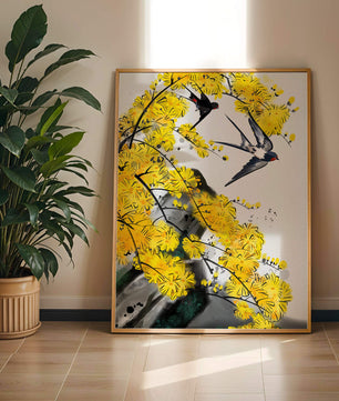 Representación artística de golondrinas entre flores amarillas vibrantes