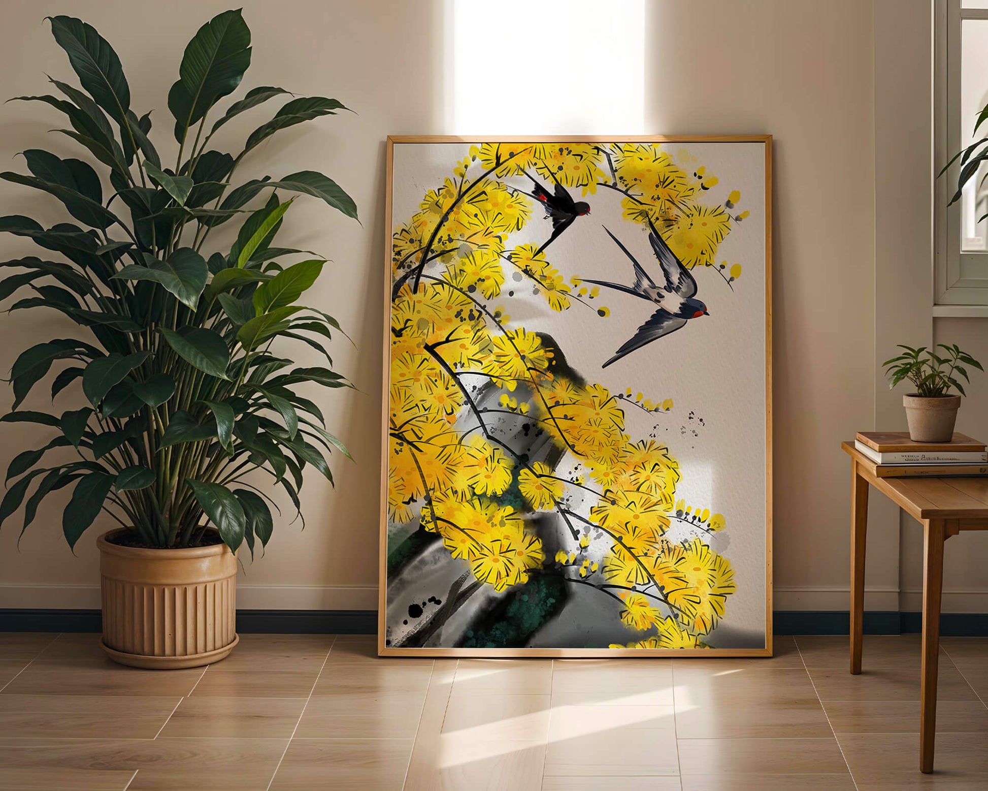 Artistic depiction of swallows amid vibrant yellow blossoms