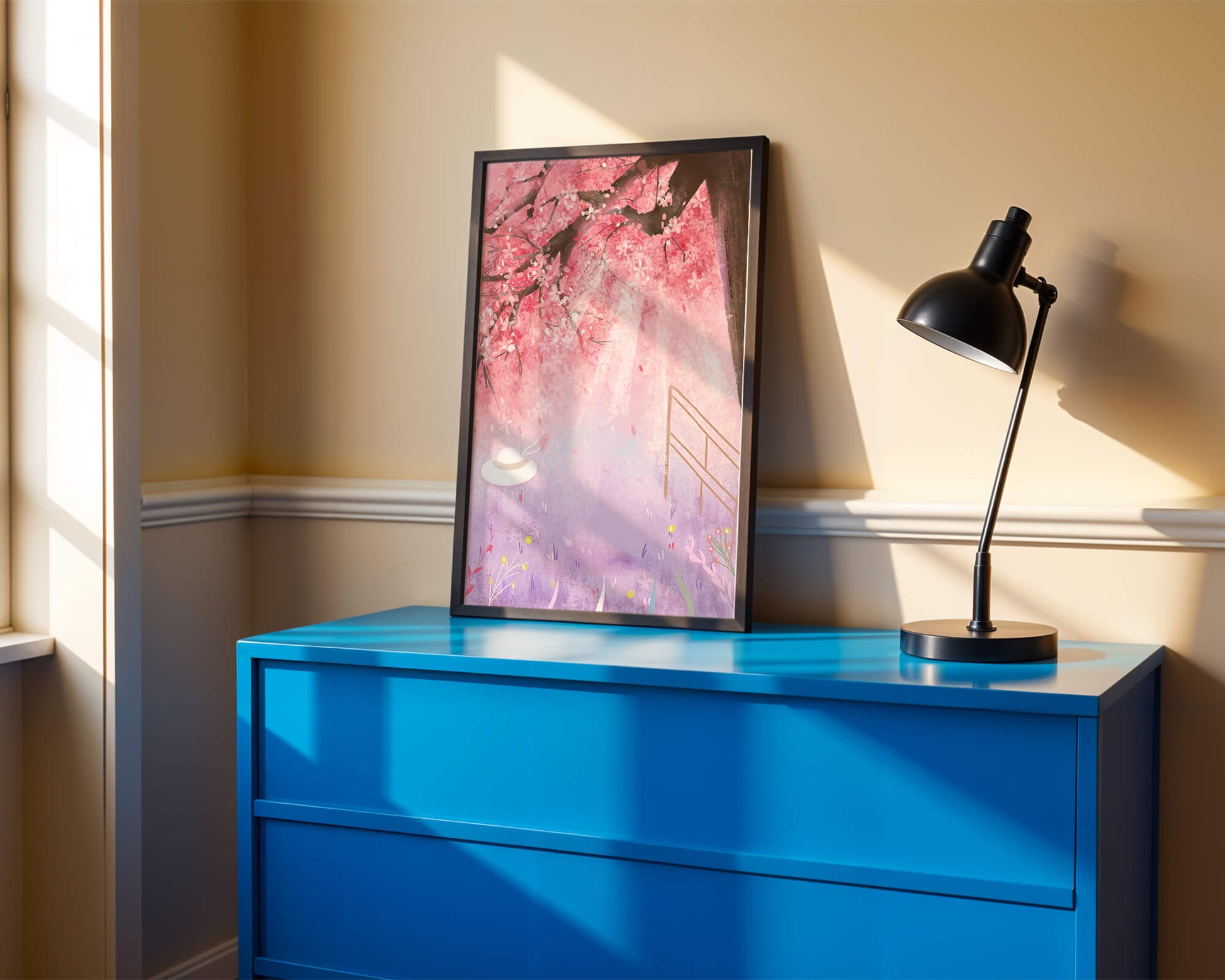 Cherry Blossom Garden with Spring Flowers and Sunlight