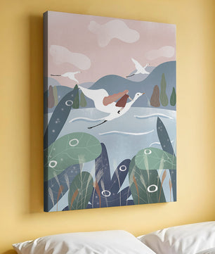 Whimsical landscape with flying birds and pink sky