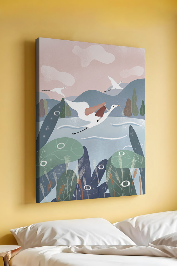 Whimsical landscape with flying birds and pink sky