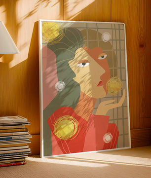 Abstract portrait artwork with geometric forms and gold accents