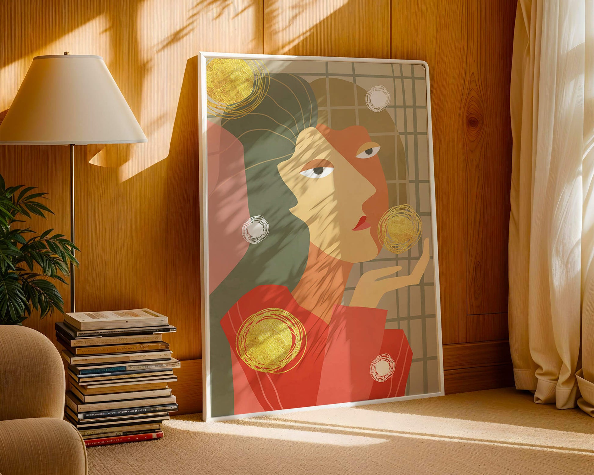 Abstract portrait artwork with geometric forms and gold accents