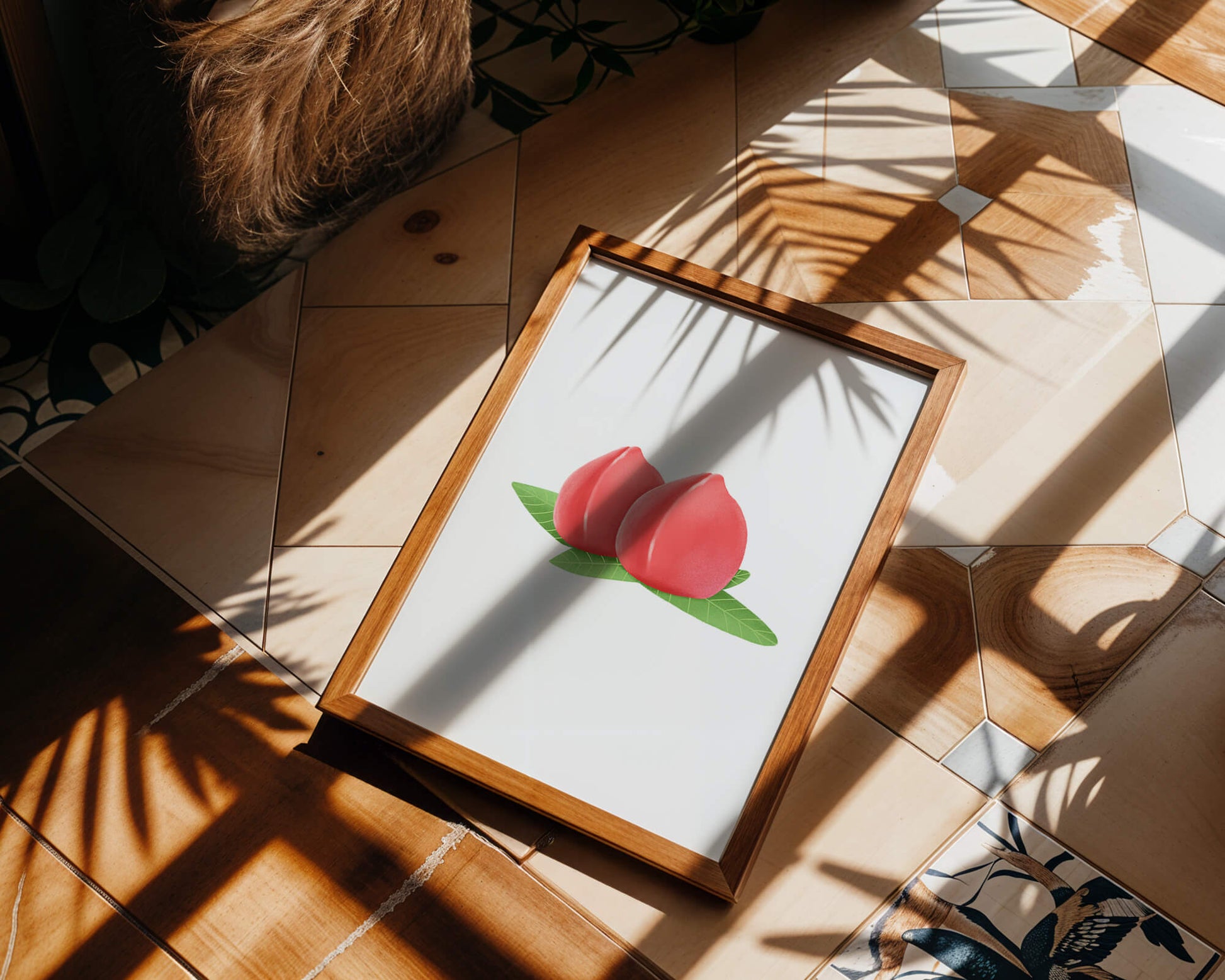 Realistic illustration of juicy peaches with green leaves