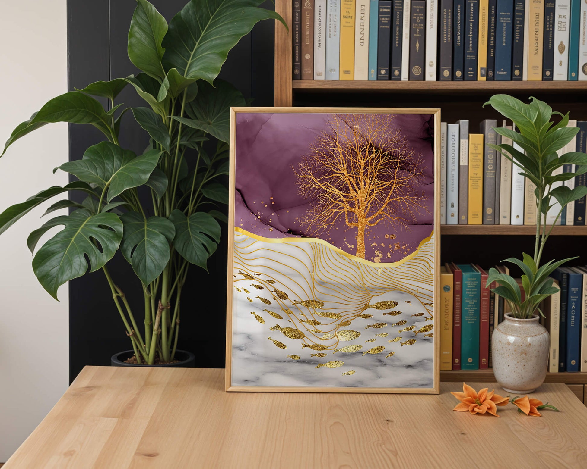 Abstract Tree with Gold Fish on Marble Background