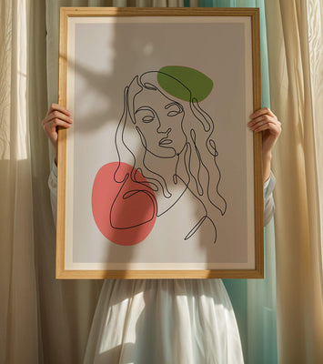 Line Art Portrait on Gray Background with Color Accents