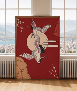 Elegant Asian-inspired artwork featuring flying cranes and cherry blossoms