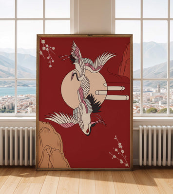 Elegant Asian-inspired artwork featuring flying cranes and cherry blossoms