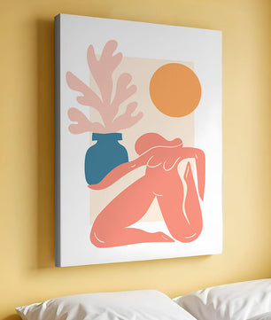 Figura desnuda abstracta con jarrón y sol en estilo minimalista
