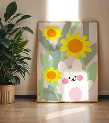 Adorable bunny with vibrant flowers cartoon illustration
