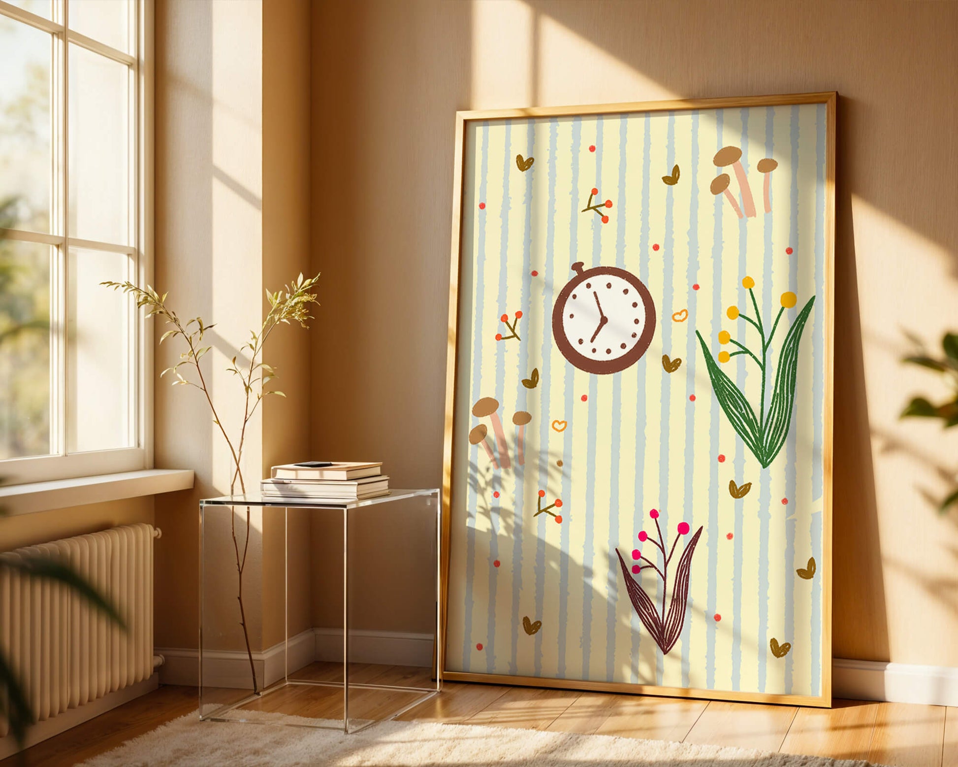 Whimsical pattern with clock, mushrooms, and florals on striped background