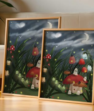Enchanted night scene with glowing mushrooms and moonlit sky