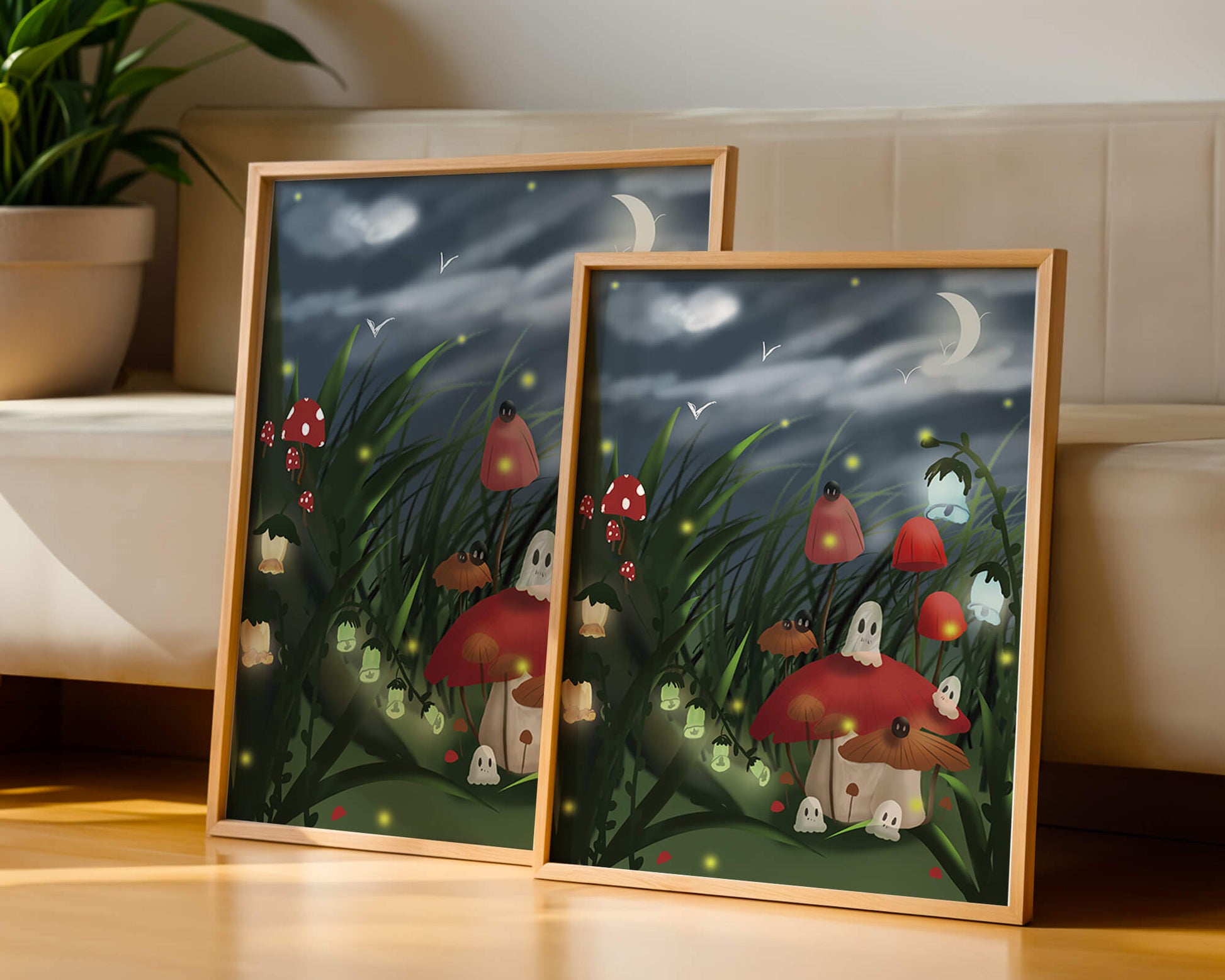 Enchanted night scene with glowing mushrooms and moonlit sky