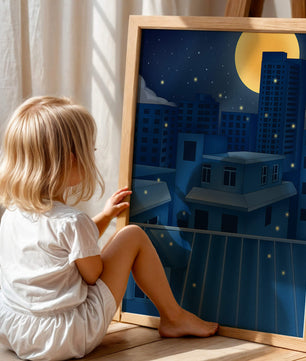 Night Urban Skyline Under a Starry Sky with Bright Full Moon