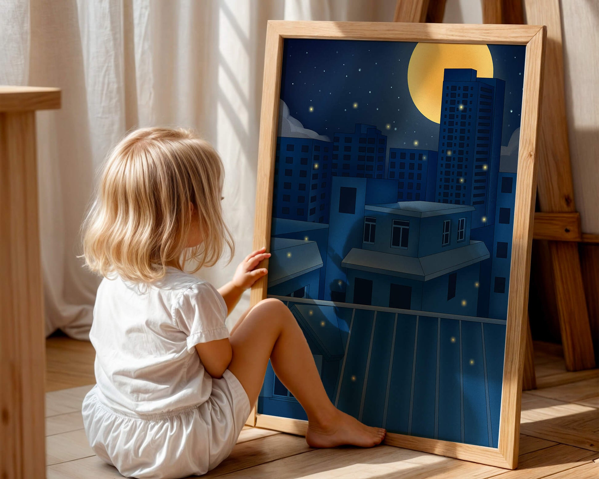 Skyline urbano nocturno bajo un cielo estrellado con una brillante luna llena