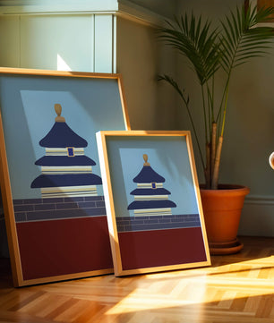 Ilustración abstracta del Templo del Cielo con detalles azules y dorados