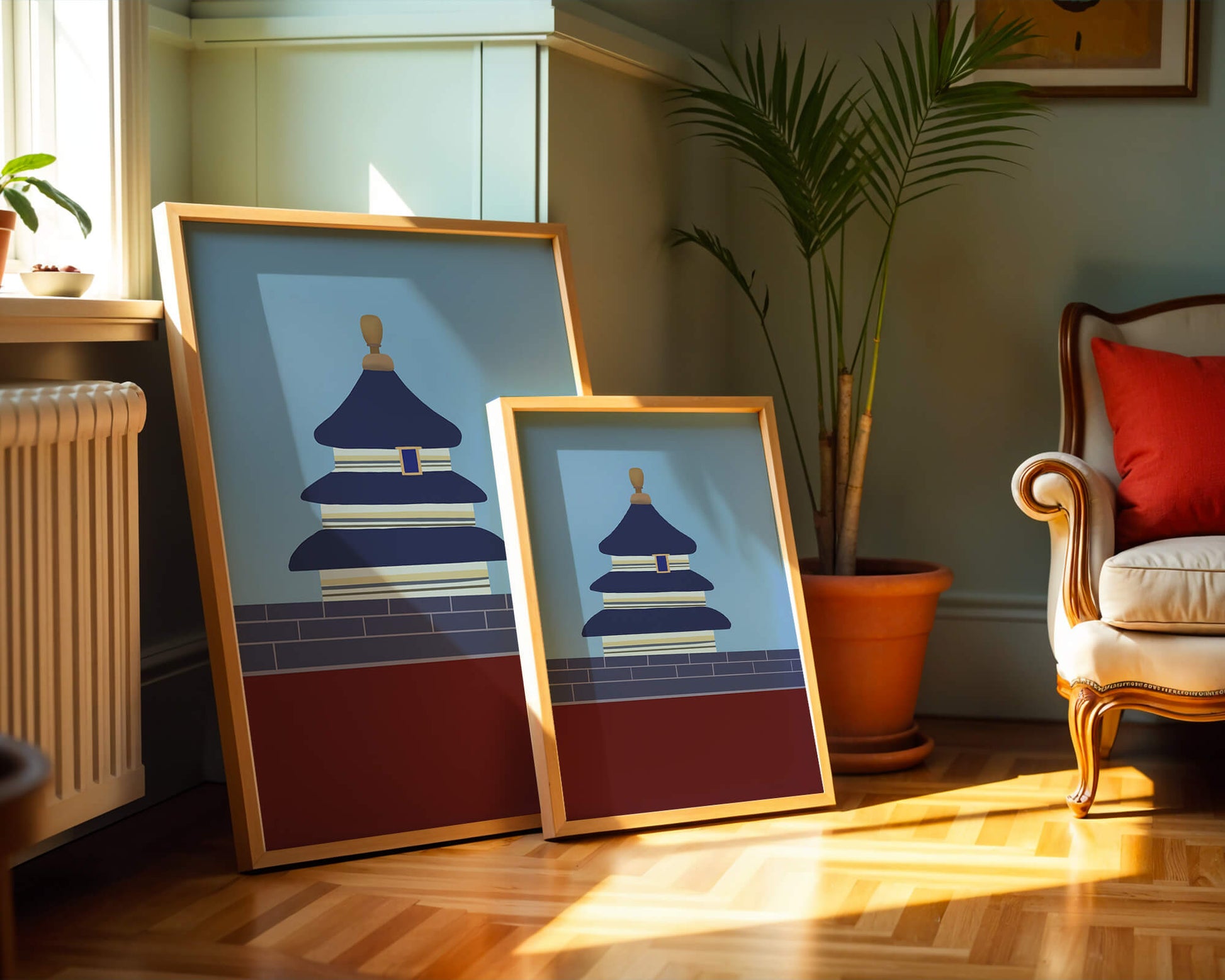 Ilustración abstracta del Templo del Cielo con detalles azules y dorados