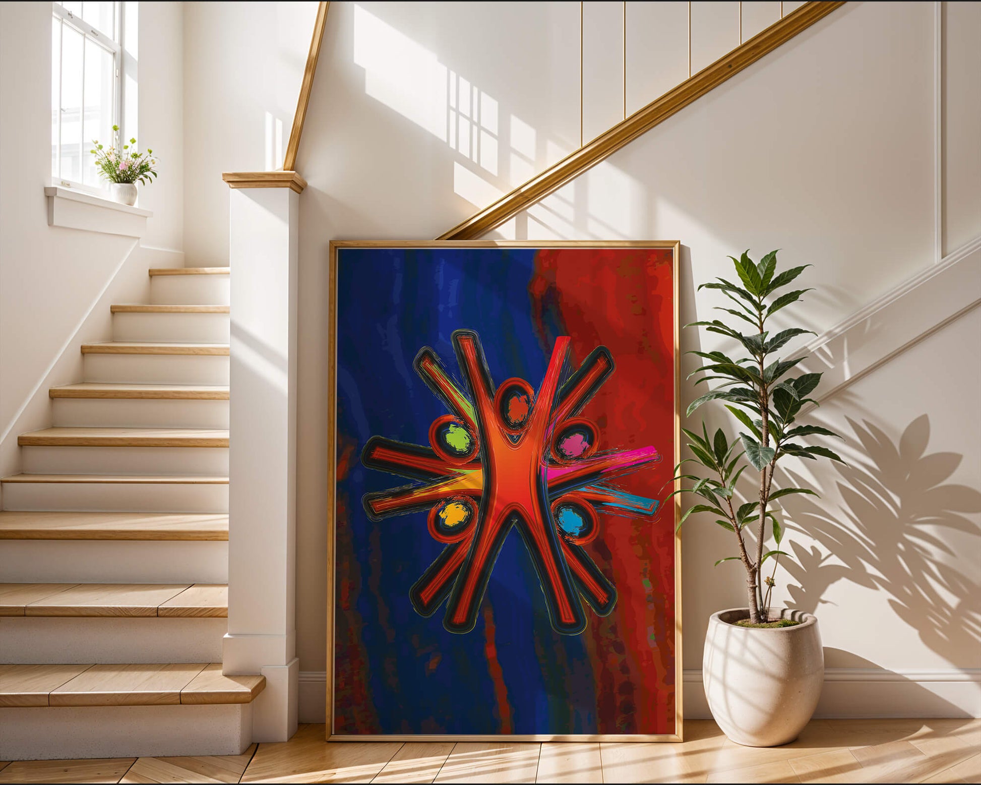 Abstract art with dynamic figures and vibrant colors