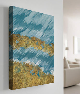 Pintura abstracta con textura dorada y fondo azul