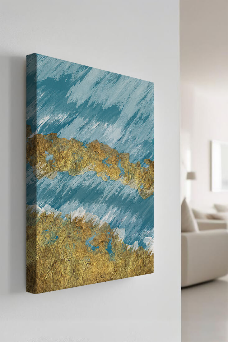 Abstract painting with gold texture and blue background