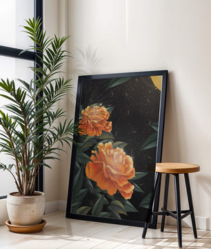 Fantasía floral elegante con flores naranjas vibrantes y un brillo dorado
