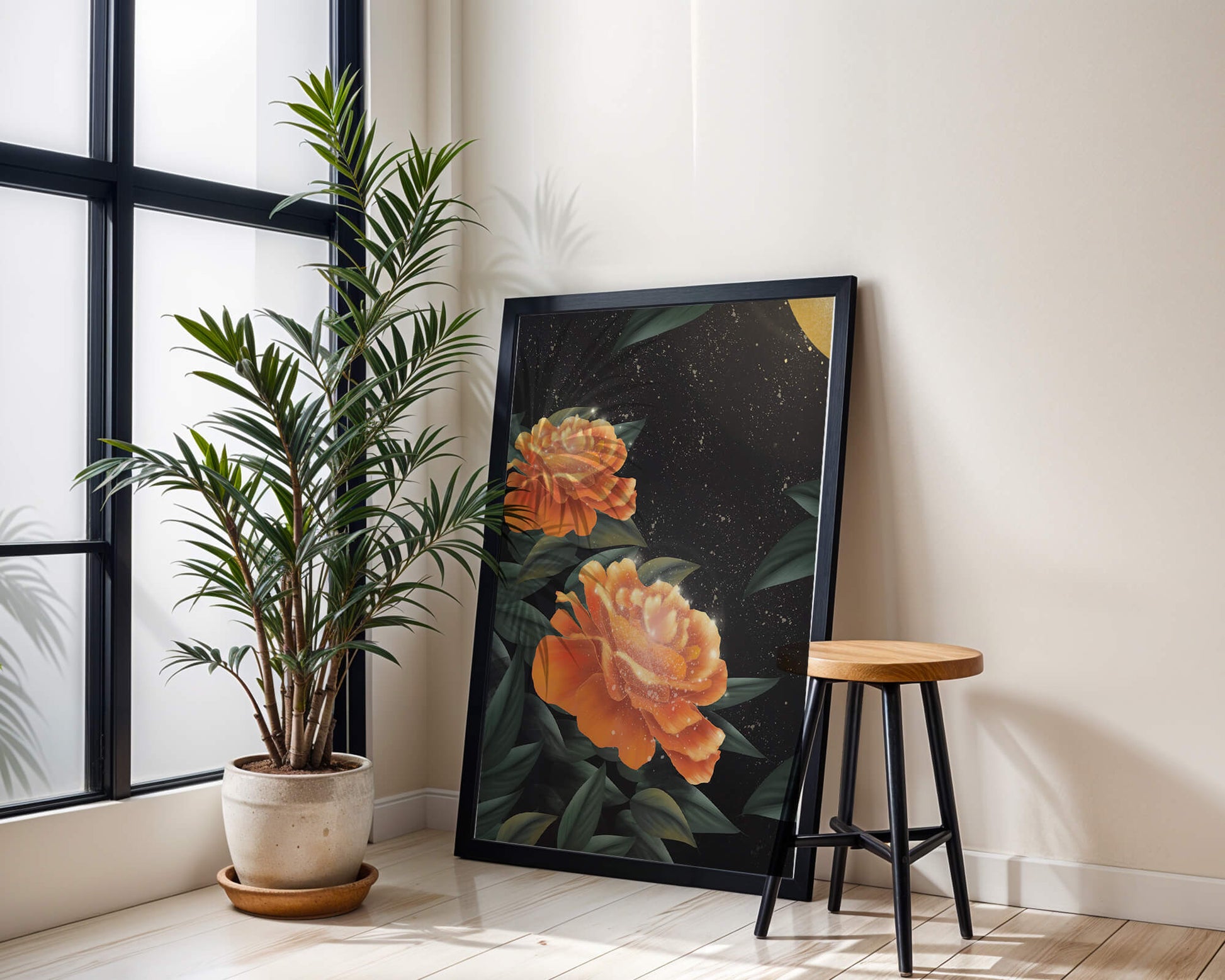 Fantasía floral elegante con flores naranjas vibrantes y un brillo dorado