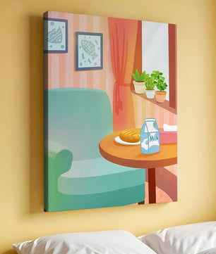 Sala de estar acogedora con mesa y cartón de leche
