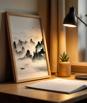 Peaceful mountain landscape with mist and rising sun