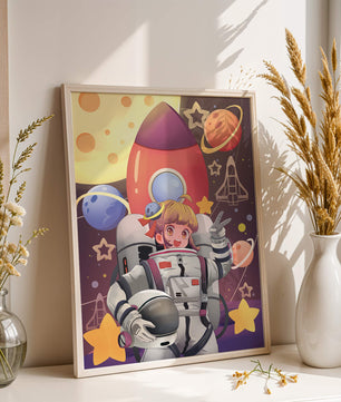 Ilustración de una chica astronauta con temática espacial
