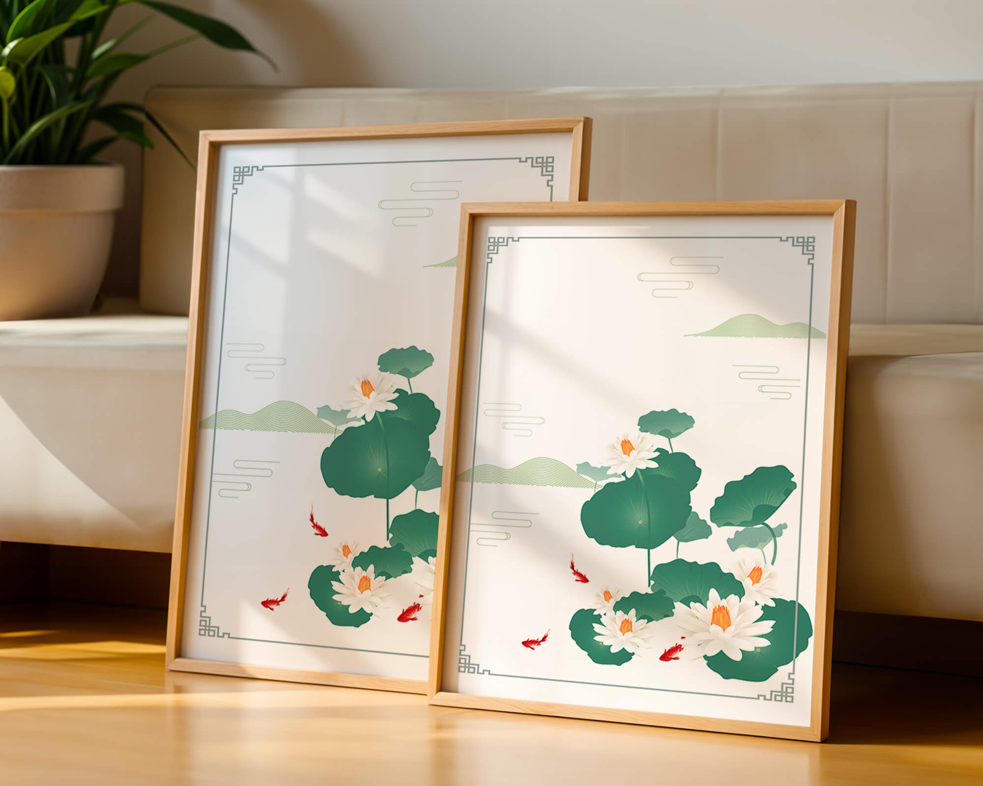 Elegant lotus and koi fish illustration with oriental design elements