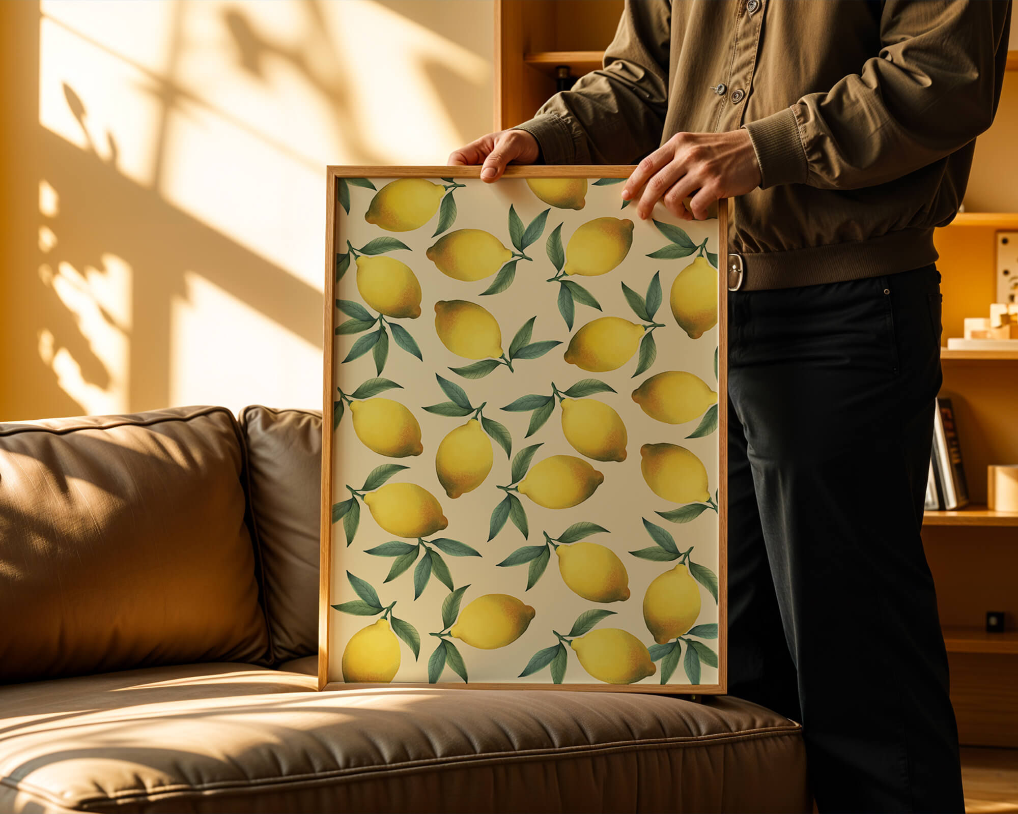 Vibrant lemon pattern with green leaves on a light background