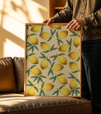 Vibrant lemon pattern with green leaves on a light background