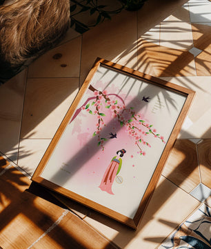 Art chinois traditionnel avec des fleurs de cerisier et une silhouette élégante