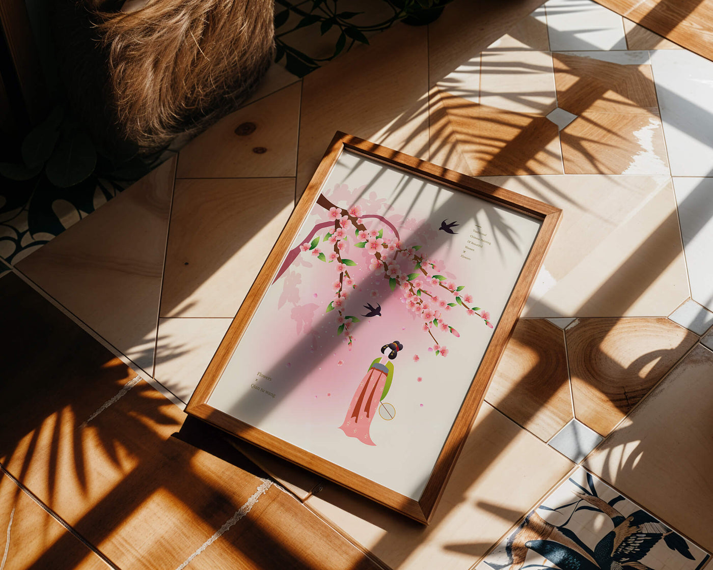 Traditional Chinese art with cherry blossoms and elegant figure
