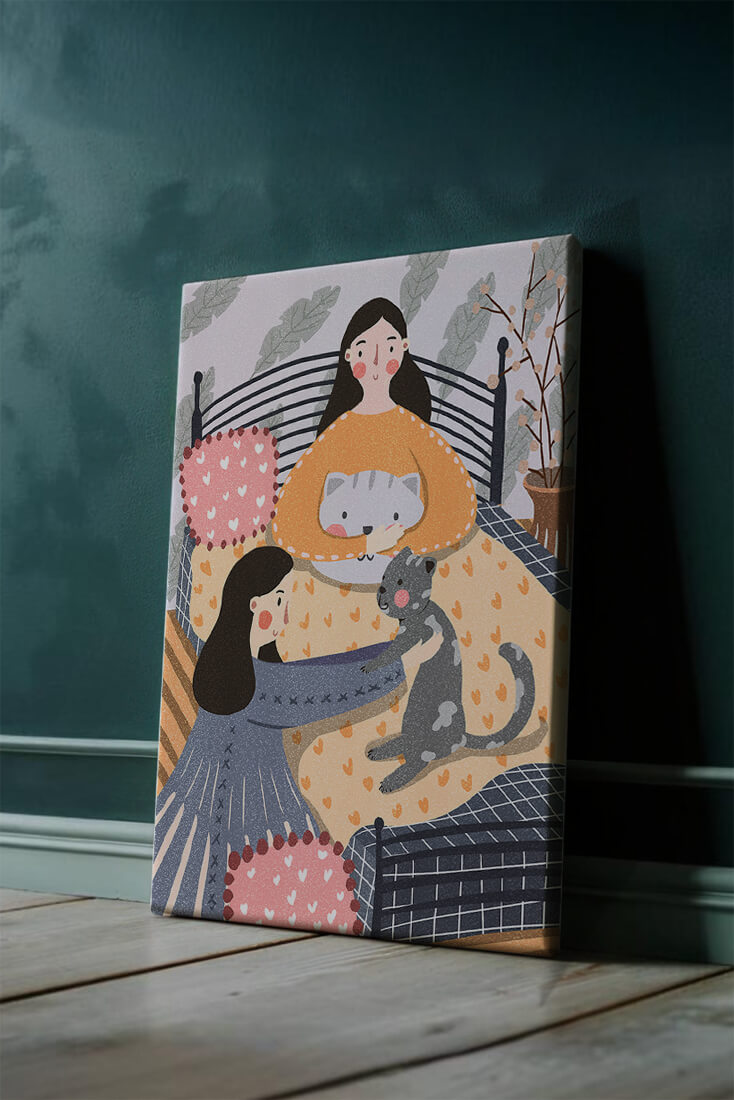 Escena interior acogedora con mujeres, gatos y elementos decorativos